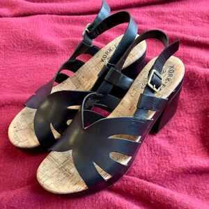 Kork-ease 7 Block Heel Open Toe Slingback Black Sandals